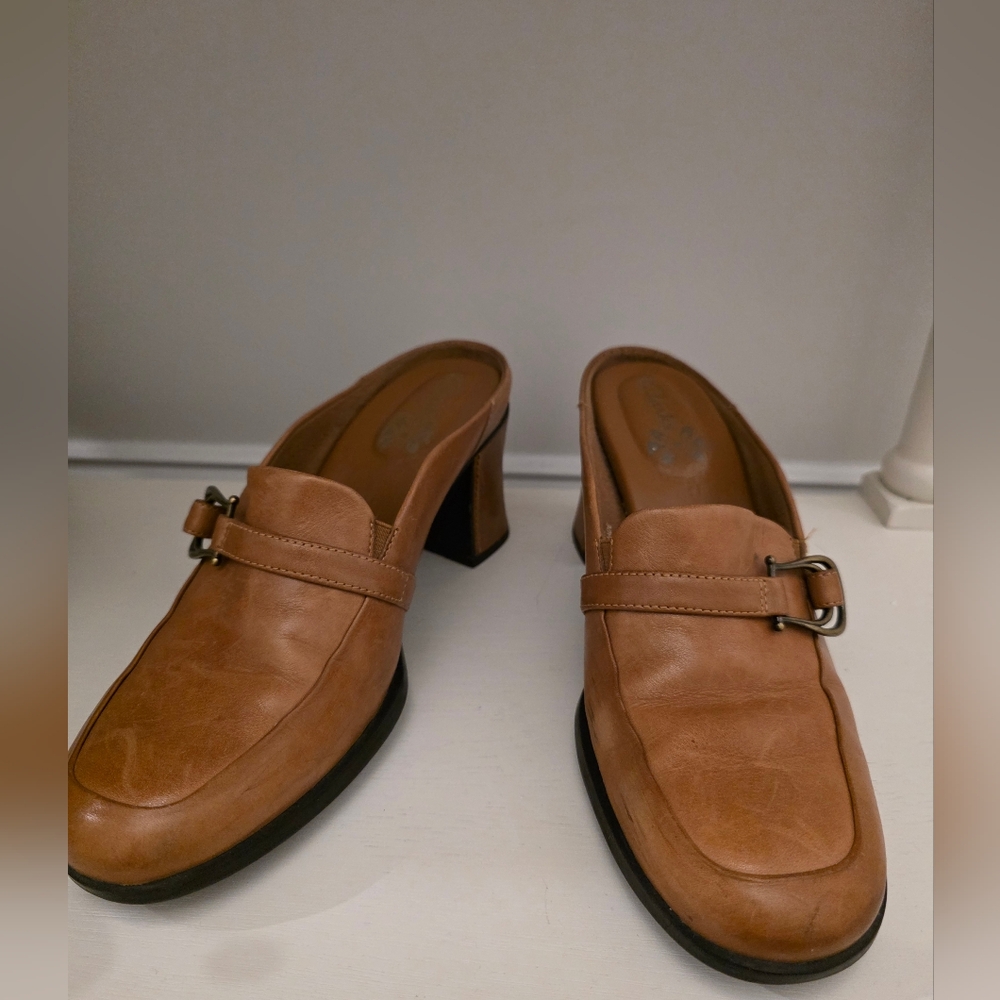 Clarks Brown Leather Mules Slide On Heels